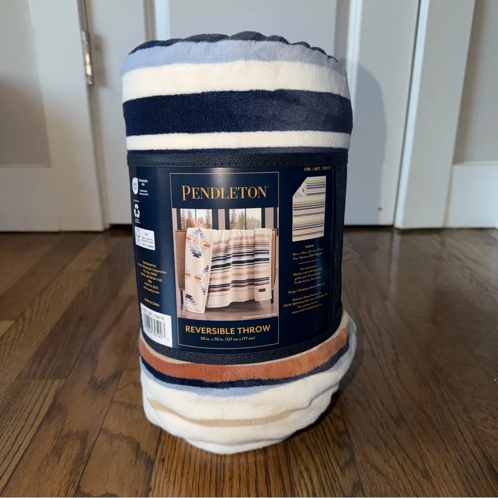 Pendleton Geometric and Striped Blanket - Blue, Cream, and Tan Size 50in x 70in - Picture 5 of 8